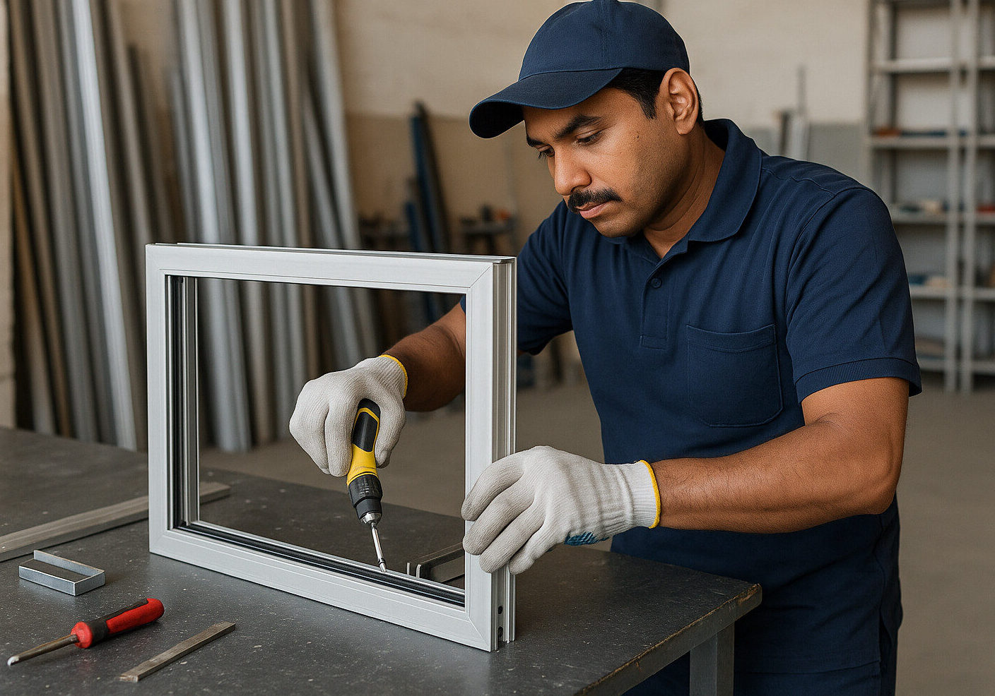 Indian aluminium fabricator assembling window frame – skilled worker for Gulf construction and architectural projects