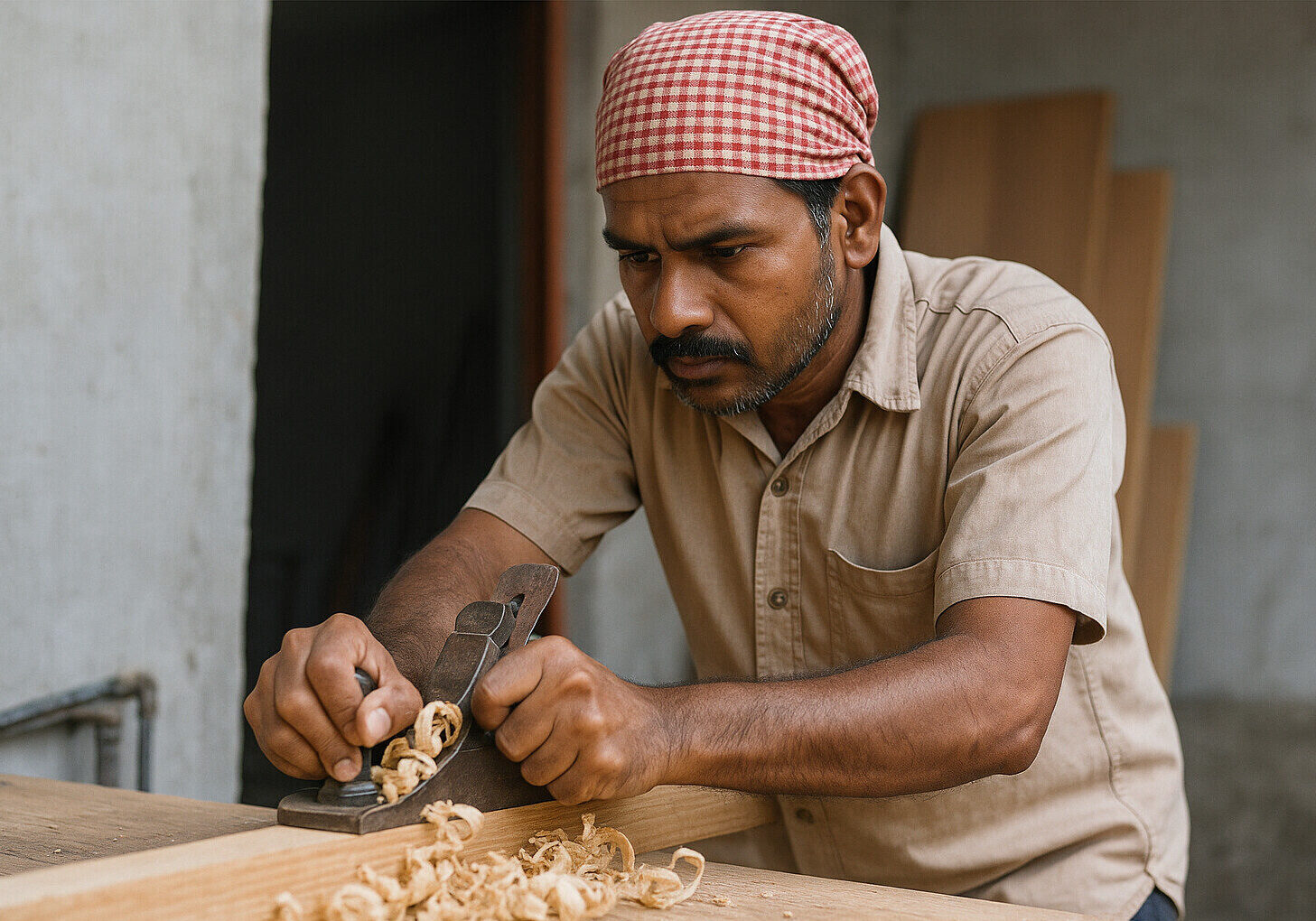 Skilled Indian furniture carpenter using hand planer – experienced woodworker for Gulf construction and interior projects