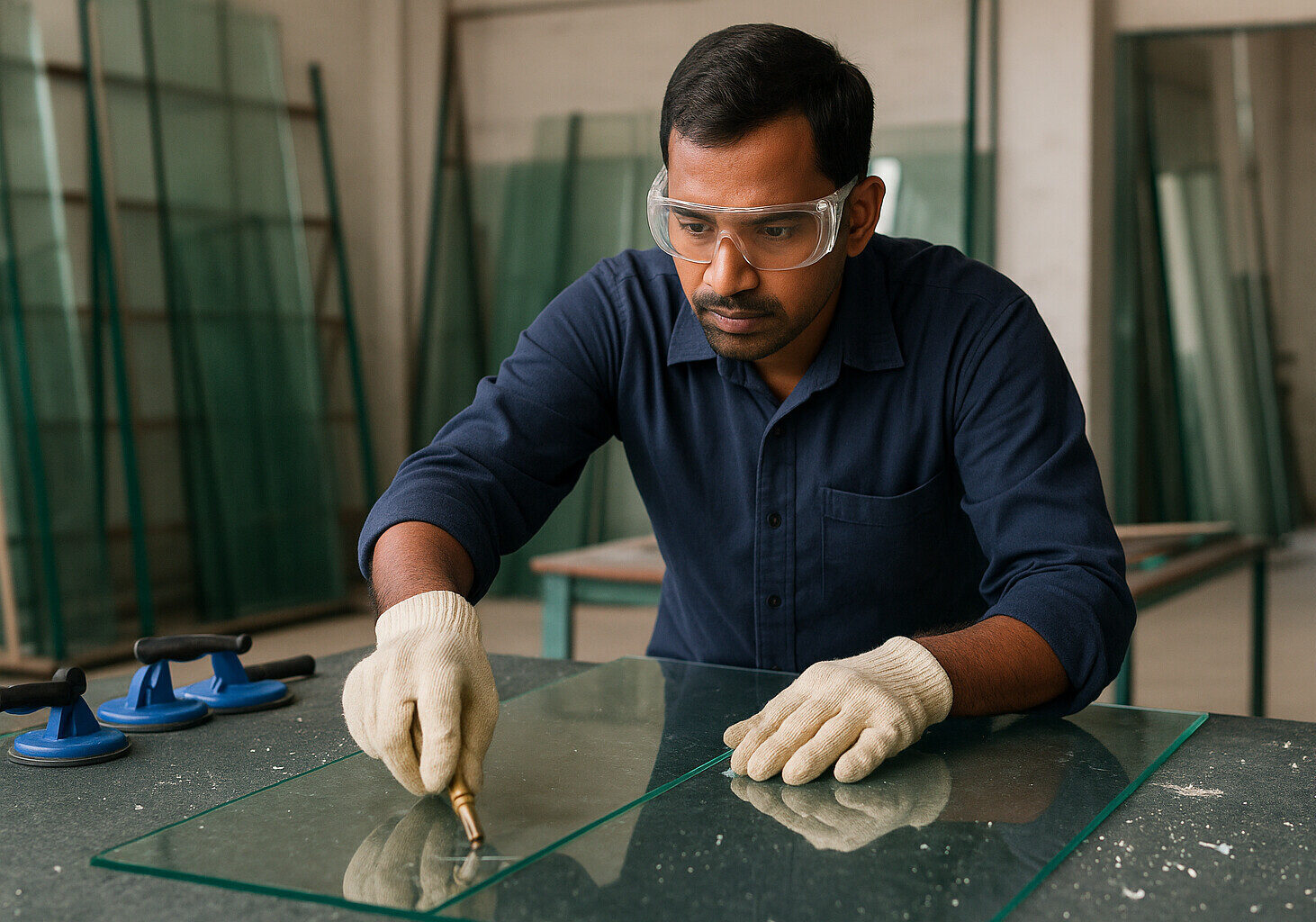Indian glass fabricator working with glass panel – precision cutting and shaping for doors, windows, and facades in Gulf construction projects