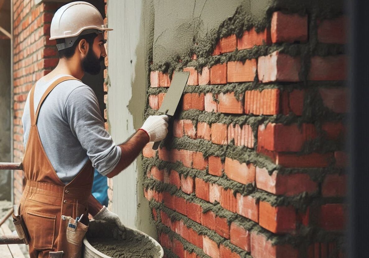 Indian mason plastering exterior brick wall at construction site – skilled labor for GCC building projects