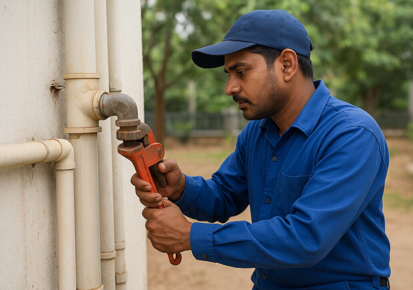 Indian pipe fitter working on outdoor plumbing joint – experienced technician for piping systems in Gulf construction and maintenance