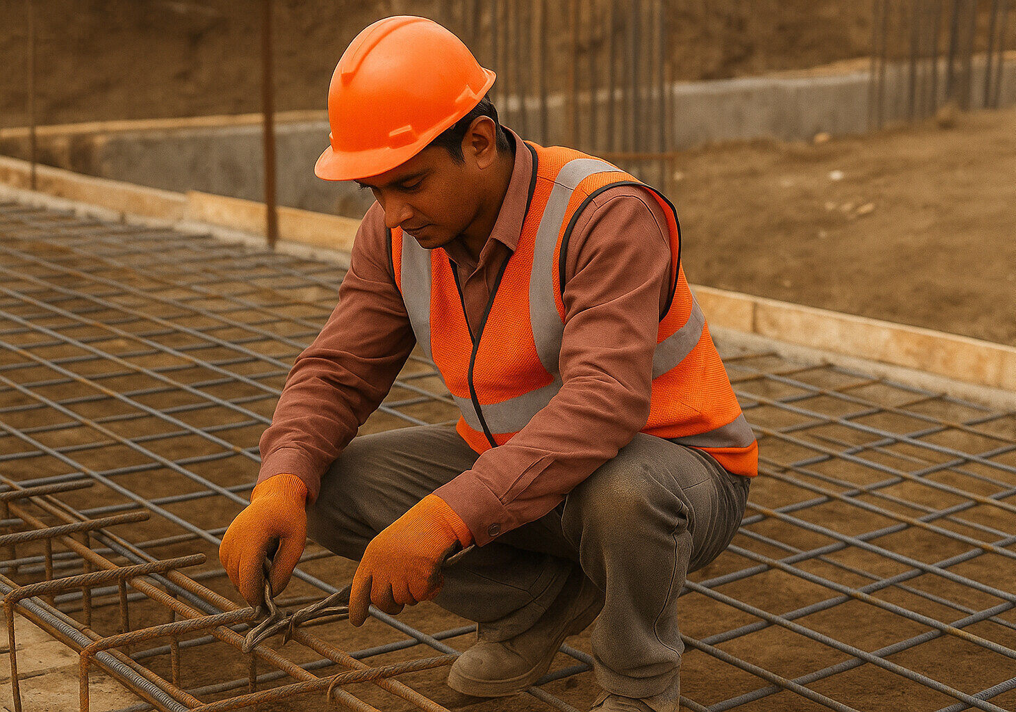 Indian steel fixer tying rebar at construction site – skilled reinforcement worker for Gulf infrastructure and building projects